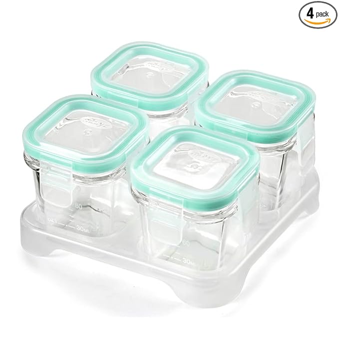 Matyz 4-Pack Baby Glass Jars for Food Storage with Lids Airtight and Stackable Tray (Mint Green, 4 OZ Each) - Small Solid Food Storage Containers for Baby On The Go - Freezer Microwave Oven Safe