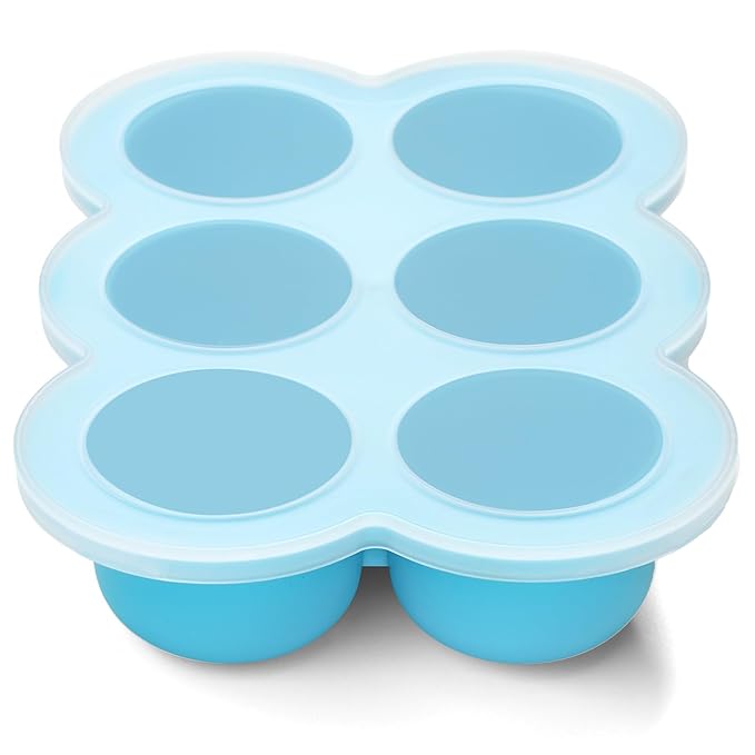 Baby Food Freezer Tray with Lid, 6 x 3 Ounce Silicone Freezer Molds Storage Container for Homemade Baby Food, Breast Milk, Fruit Puree & Vegetables (Blue)