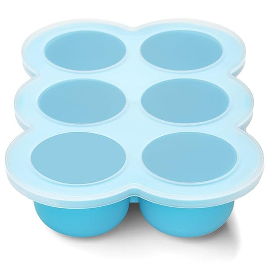 Baby Food Freezer Tray with Lid, 6 x 3 Ounce Silicone Freezer Molds Storage Container for Homemade Baby Food, Breast Milk, Fruit Puree & Vegetables (Blue)