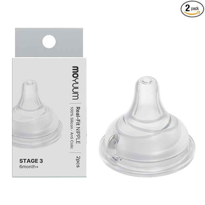 Moyuum Real-Fit Silicone Nipple for 3rd Gen Bottles, Made in Korea - Perfect for Newborn, Anti-Colic Feed, Easy to Latch, from Breast to Bottle Transition | Stage 3, Fast Flow, 6m+ (2 Pack)