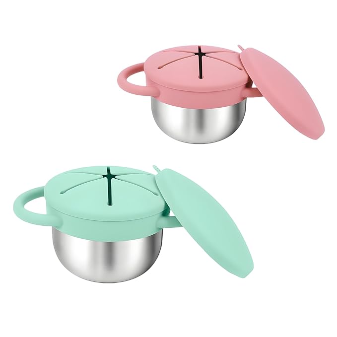 Toddler Snack Cups with Lid Spill Proof, Stainless Steel Baby Toddler Kids Snack Containers, 2 Pack Snack Catcher (Pink&Green)