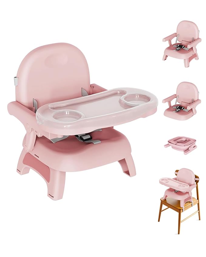 Booster Seat for Kitchen Chair, 3-in-1 Foldable & Portable Booster Seat with Tray, Extra Dishwasher-Safe Tray, Safety Straps for 6–18M (Up to 30 lbs), for Dining Table, Travel & Camping, Pink