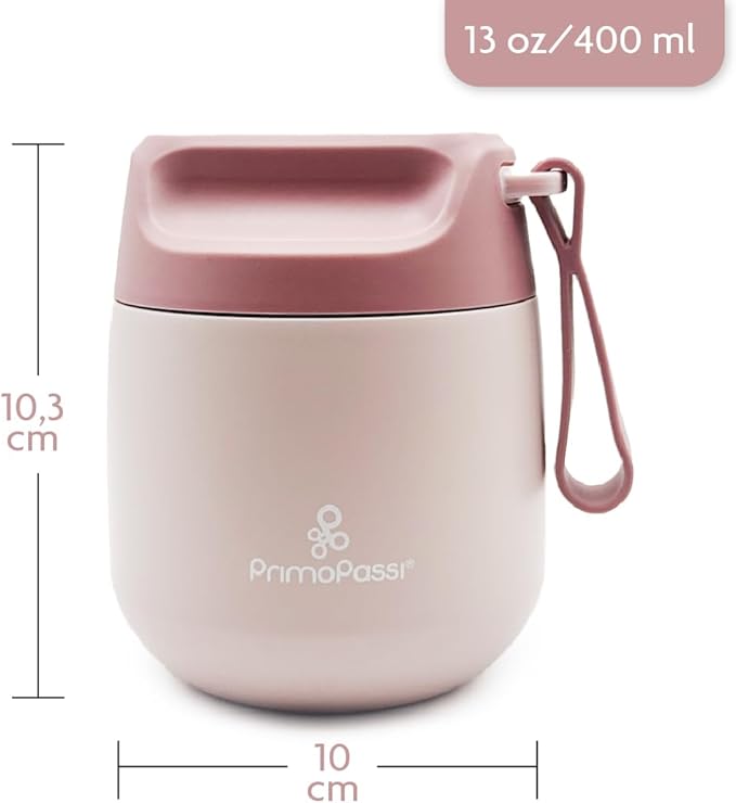 Primo Passi Insulated Food Jar for Kids & Babies – 12 oz /350 ml Stainless Steel Thermal Food Container with Easy-Open Lid & Silicone Carry Strap – Keeps Food Hot or Cold for Up to 8 Hours, Light Pink