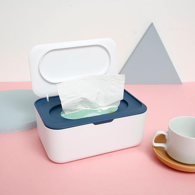 Wipes Dispenser, Dustproof Wet Tissue Box Baby Wipe Holder Large Capacity Wipes/Tissue Case with Moistur e Seal Secure Lid Keeps Wipes Fresh for Home, Office(Navy Blue)