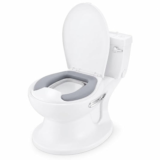 2-in-1 Toddler Potty Training Toilet with Removable Toilet Seat for Standard Toilets, Realistic Flush Sound, PVC Cushion, Portable Floor Potty Chair, White/Chrome, 18+ Months, Up to 50 lbs