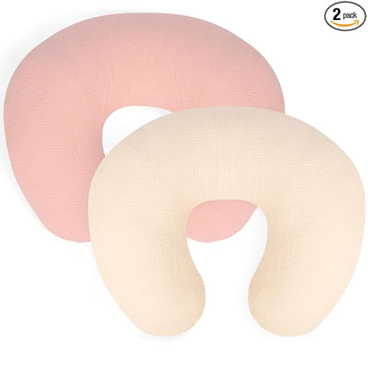 Nursing Pillow Cover - 2-Pack Muslin Cotton Removable Covers for Breastfeeding Pillows, Ultra-Soft Baby Feeding Pillowcase for Newborns, Fits 22.5"x18" Pillows (Pink & Cream)