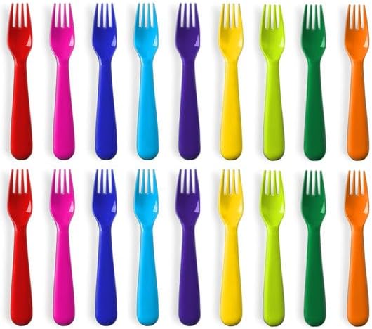 PLASKIDY Plastic Kids Fork Set of 18 -Toddler Forks BPA Free/Dishwasher Safe Reusable Children's Fork Set - Brightly Colored Toddler Forks Cutlery Flatware Set