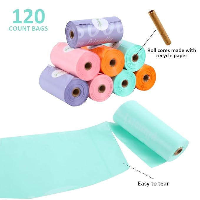 Diaper Bags Disposable for Baby, 8 Refill Rolls/120 Bags Dirty Disposable Diaper Bags with Dispenser, Convenient and Quick Diaper Disposal, Poop Bags,Rainbow