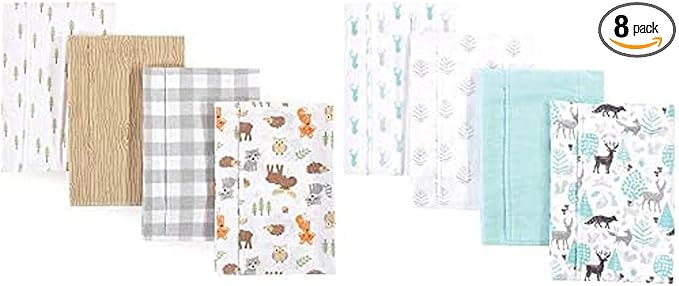 Hudson Baby Boy Cotton Flannel Burp Cloth 8-Pack, Woodland Linocut Woodland Neutral
