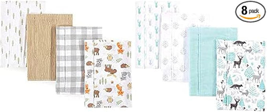 Hudson Baby Boy Cotton Flannel Burp Cloth 8-Pack, Woodland Linocut Woodland Neutral