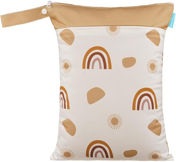 MOMIGO 2 pcs/set Wet Dry Bags for Baby Cloth Diapers - Reusable, Washable for Stroller, Diapers, Travel Bags, Gym Bag (Brown&Rainbow&Sun)