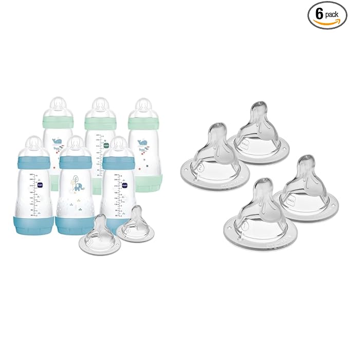 9 oz MAM Easy Start Boy Baby Bottle 6 Pack with Slow & Medium Flow Nipples, Level 1 & 2, 4 Pack