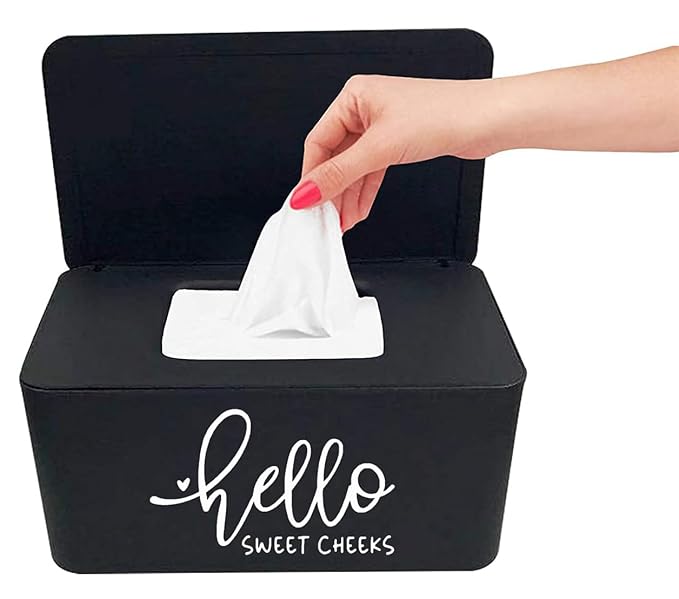 Moorfowl Hello Sweet Cheeks Flushable Wipes Dispenser, 8.2L x 4.9W x 3.9H inches, Bathroom Wipes Container Holder Cute Funny Rustic Farmhouse Home Decor (Black)