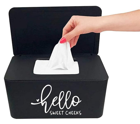 Moorfowl Hello Sweet Cheeks Flushable Wipes Dispenser, 8.2L x 4.9W x 3.9H inches, Bathroom Wipes Container Holder Cute Funny Rustic Farmhouse Home Decor (Black)