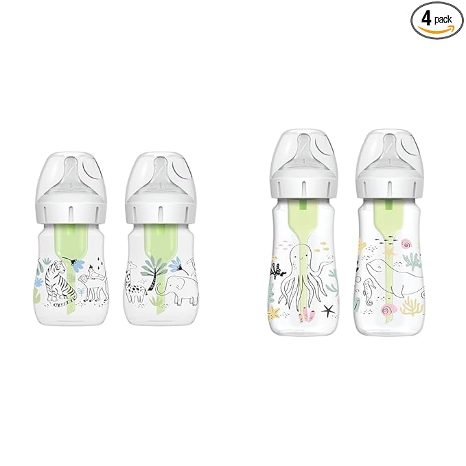 Dr. Brown's Anti-Colic Options+ Wide-Neck Baby Bottles, Jungle and Ocean Decos, 5 oz / 9 oz, Level 1 Nipple 2-Packs, 0m+
