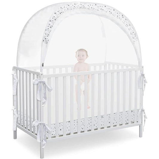 L RUNNZER Baby Pop Up Crib Tent, Crib Net to Keep Baby from Climbing Out, Crib Canopy Cover Against Falling and Bites, Strong Frame & Soft Breathable Mesh, White+stars