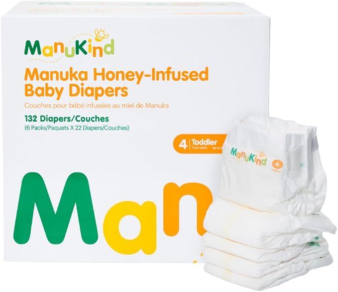 ManuKind Baby Diapers, Manuka Honey Infused, Ultra Soft, Plant-Based Materials, Quick-Dry Comfort, Leak Guard Protection, Size 4 – 132 Diapers (6 Packs of 22)