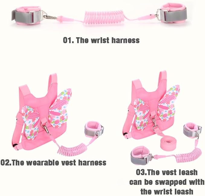 PandaEar Toddler Leash Harness and Anti Lost Wrist Link, 3 in 1 Kids Safety Harnesses with Leash, Child Anti-Lost Leash Walking Wristband Assistant Strap Belt for Baby Girls -Pink