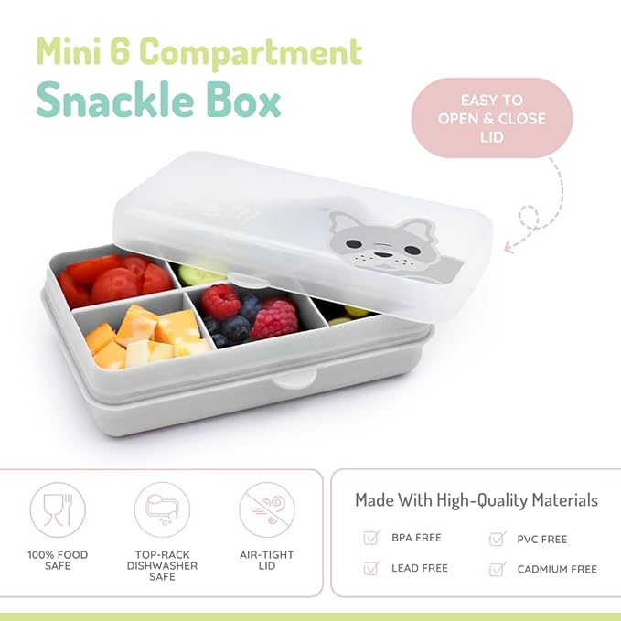 melii Snackle Box | 6-Compartment Divided Snack Container, BPA-Free Food Storage with Removable Dividers for School, Travel & On-the-Go Snacking (Bulldog)