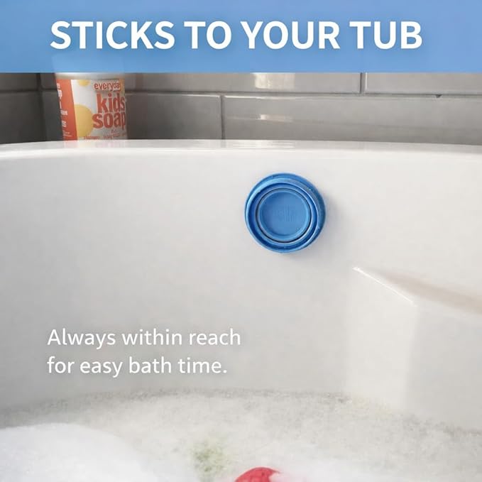 TubbyCup Toddler Bath Rinse Cup – Easy Hair Rinsing Without Tears, Suction Base Sticks to Tub, Soft Collapsible Silicone, BPA-Free (Blue)