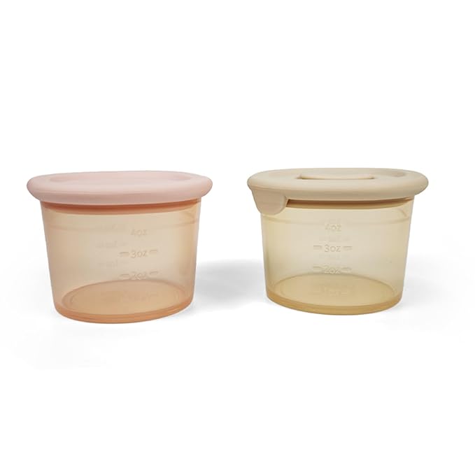 Ali+Oli Silicone Baby Food Containers (4oz) 2-pk Reusable Leakproof Snack Storage with Airtight Lids – Freezer & Microwave Safe for Infant and Kids Meals (Blush-Khaki)