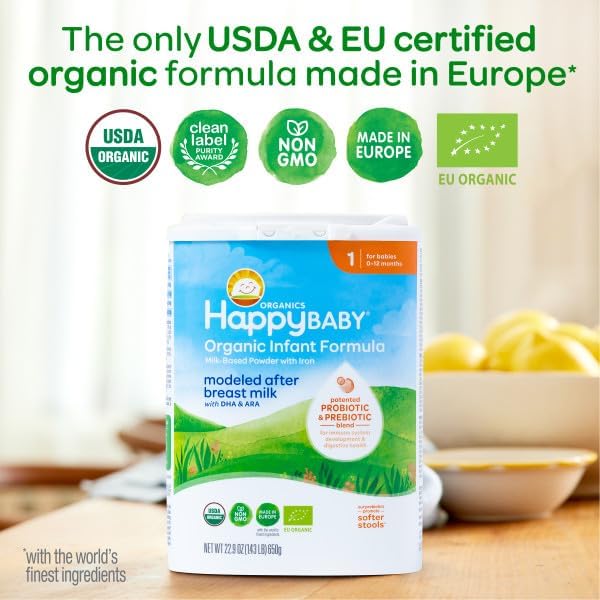 Happy Baby Organics Stage 1 Infant Formula, 0 12 Months, Milk Based Organic Baby Formula Powder with Iron, Probiotics & Prebiotics for Immune & Digestive Support, 22.9 Ounce (Pack of 2)
