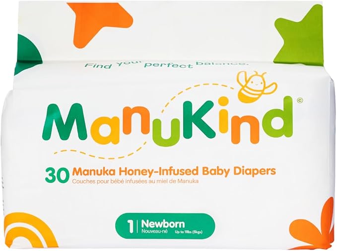 ManuKind Baby Diapers, Manuka Honey Infused, Ultra Soft, Plant-Based Materials, Quick-Dry Comfort, Leak Guard Protection, Size 1 – 30 Diapers