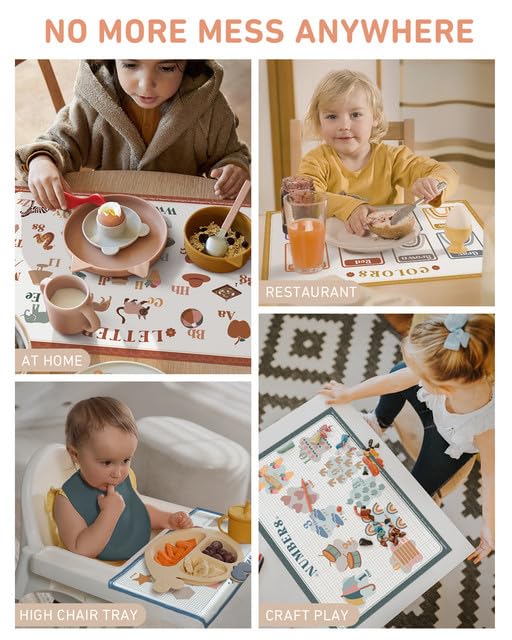 Babebay Disposable Placemats for Baby, 60 Pack Sticky Toddler Placemat for Restaurants, Dining Table, Party, Travel, 12" x 18" with 4 Designs