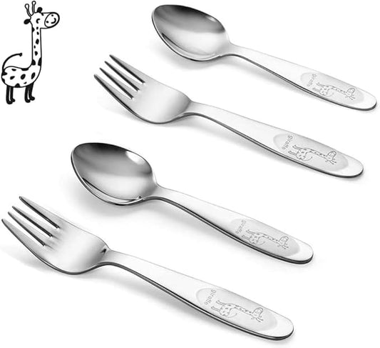 4 Piece Stainless Steel Toddler Forks and Spoons with Smooth Rounded Edges | Self-Feeding Toddle Utensil Set for Babies 1+ Year Old | Dishwasher Safe Baby Silverware Set