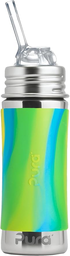 Pura Toddler, Baby Straw Bottle - Stainless Steel, Plastic Free, Silicone Straw, Aqua Swirl