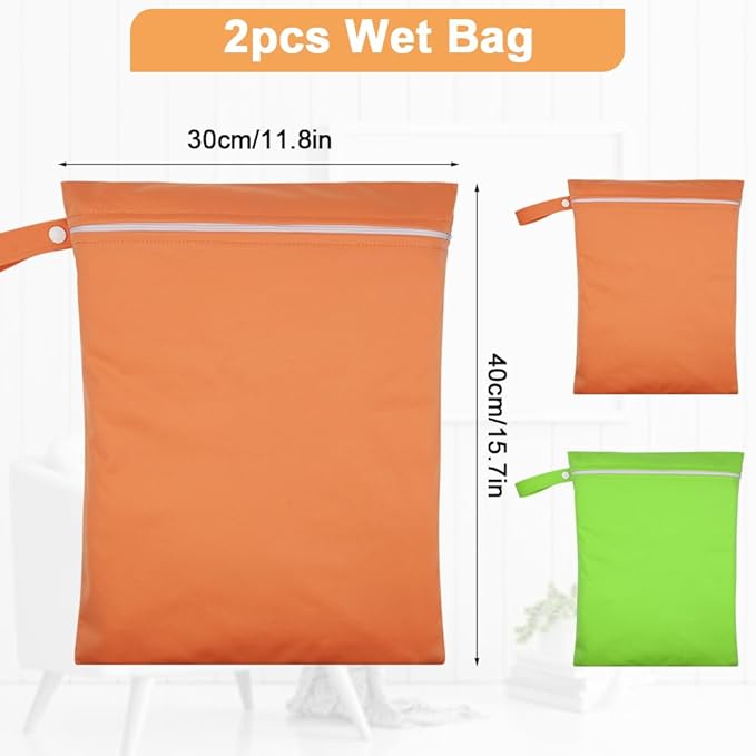 2PCS Wet Bags, Reusable Cloth Diaper Bags with Handle and Zipper, Lightweight Waterproof Travel Laundry Bag, Washable Wet Dry Bag for Baby Items Travel Beach Swimming Gym Camping(Green&Orange)