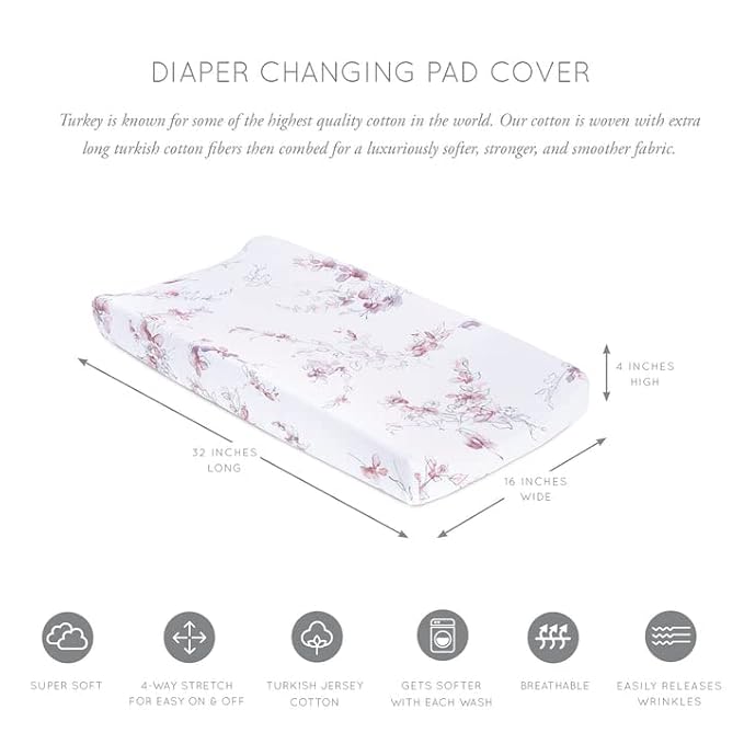 Oilo Changing Pad Cover, Breathable Organic Cotton Fitted Jersey, 300 Thread Count, Machine Washable, Fits Standard Changing Pads (32" x 16"), Girl, Boy, & Neutral Nursery Design, Bella Floral