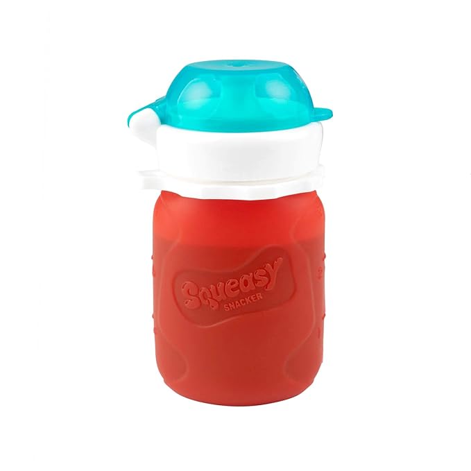Red 3.5 oz Squeasy Snacker Spill Proof Silicone Reusable Food Pouch - for Both Soft Foods and Liquids - Water, Apple Sauce, Yogurt, Smoothies, Baby Food - Dishwasher Safe