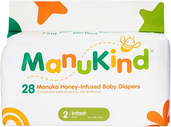 ManuKind Baby Diapers, Manuka Honey Infused, Ultra Soft, Plant-Based Materials, Quick-Dry Comfort, Leak Guard Protection, Size 2 – 28 Diapers