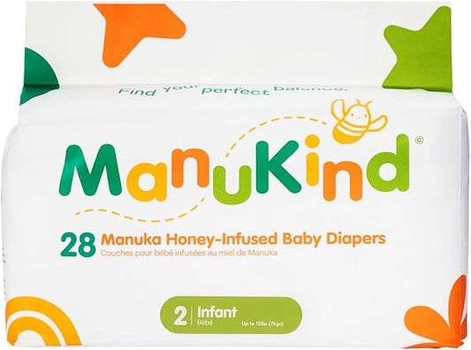 ManuKind Baby Diapers, Manuka Honey Infused, Ultra Soft, Plant-Based Materials, Quick-Dry Comfort, Leak Guard Protection, Size 2 – 28 Diapers