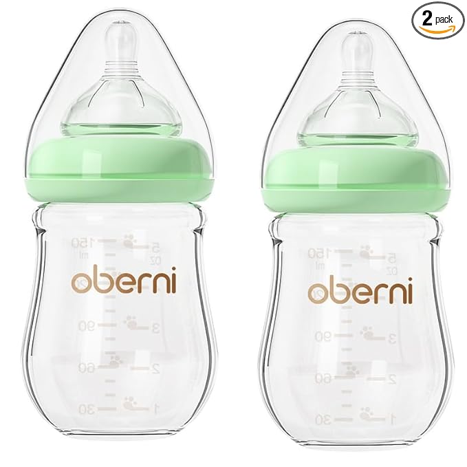 Glass Baby Bottles,Anti Colic Breastfeeding Bottle with Natural Response Nipple Size S,Wide Neck Slow Flow Baby Bottle for Baby,Newborn,Preemie 0-3 0-6 Month,BPA Free (Green, 2 Pack, 5 Ounce)