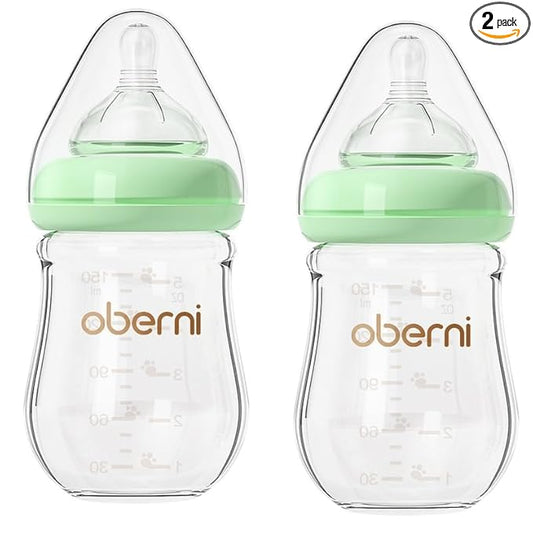 Glass Baby Bottles,Anti Colic Breastfeeding Bottle with Natural Response Nipple Size S,Wide Neck Slow Flow Baby Bottle for Baby,Newborn,Preemie 0-3 0-6 Month,BPA Free (Green, 2 Pack, 5 Ounce)