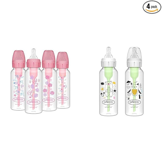Dr. Brown's Anti-Colic Options+ Narrow Baby Bottles, Floral & Bear/Owl Designs, 8oz/250mL, Level 1 Slow Flow Nipples, 4 & 2-Packs, 0m+