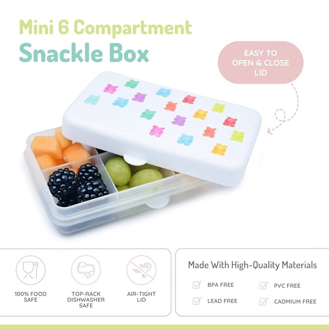 melii Snackle Box | 6-Compartment Divided Snack Container, BPA-Free Food Storage with Removable Dividers for School, Travel & On-the-Go Snacking (Gummy Bears)