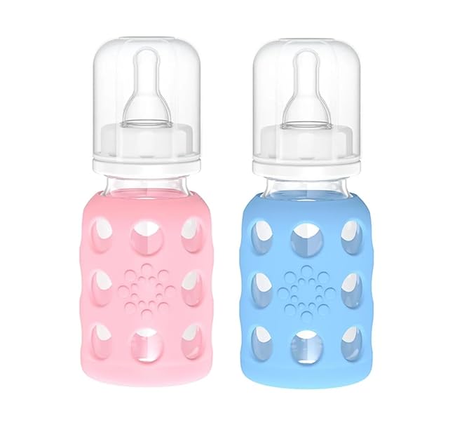 Lifefactory Glass Baby Bottle BPA Free | Protective Silicone Sleeve | 4 oz Pack of 2 | Pink, Sky Blue
