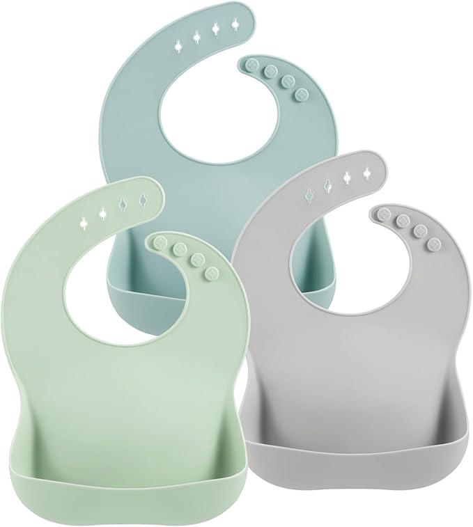 PandaEar 3-Pack Silicone Baby Bibs for Infants & Toddlers - Waterproof Soft Food Catcher Pocket - Easy Wipe & Dishwasher Safe - Adjustable Fit (Lake Green, Blue, Grey)