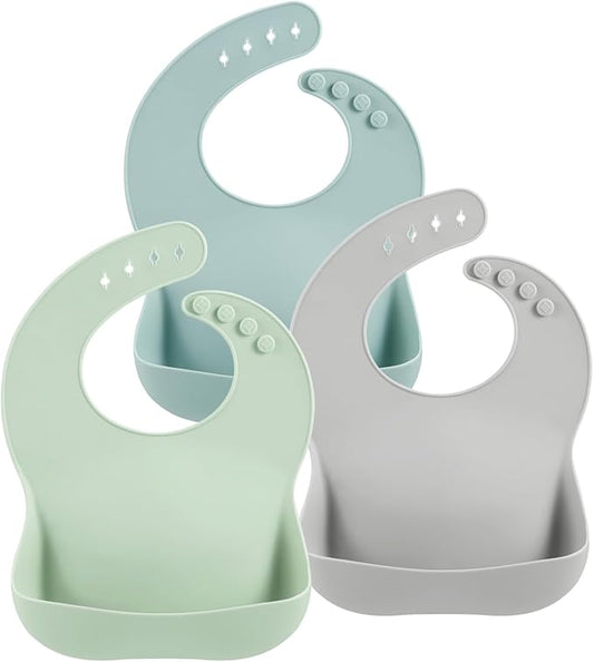 PandaEar 3-Pack Silicone Baby Bibs for Infants & Toddlers - Waterproof Soft Food Catcher Pocket - Easy Wipe & Dishwasher Safe - Adjustable Fit (Lake Green, Blue, Grey)