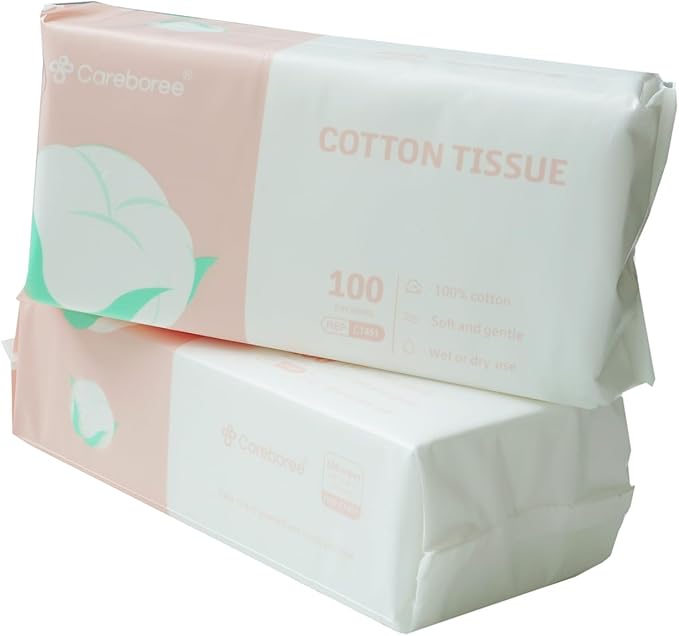 Careboree Ultra Soft Dry Baby Wipes Unscented Multi-Purpose Pure Cotton Tissue For Sensitive Skin (2 PACK-200 Count)