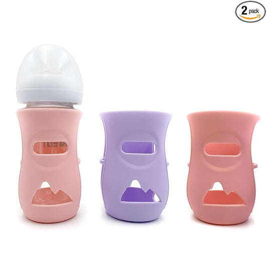2 Pack 100% Silicone Sleeves for Avent Natural Glass Baby Bottles, Anti Breakage Baby Bottle Holder, Compatible Philips Avent Glass Natural Baby Bottle 8 oz, BPA Free (Pink-Purple)