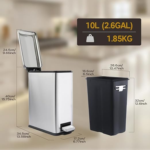 Bathroom Trash Can 2.6 Gallon with Lid, Garbage Can with a Soft Close lid, 10l Stainless Slim Step Trash Can with Removable Inner Bucket for Bathroom,Bedroom,Home Office
