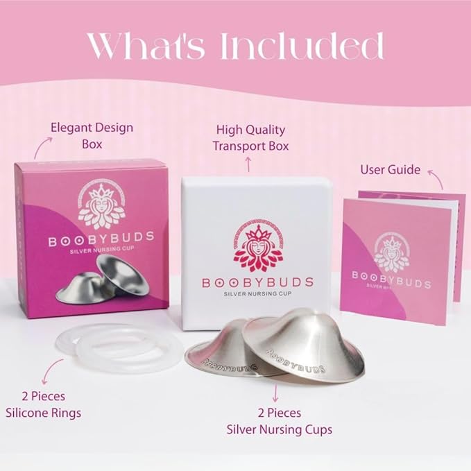 The Original Silver Nursing Cups - Nipple Shields for Nursing Newborns - 999 Silver - Universal Fit - Nipple Comfort Cups for Breastfeeding (Trilaminate Silver Silicone)