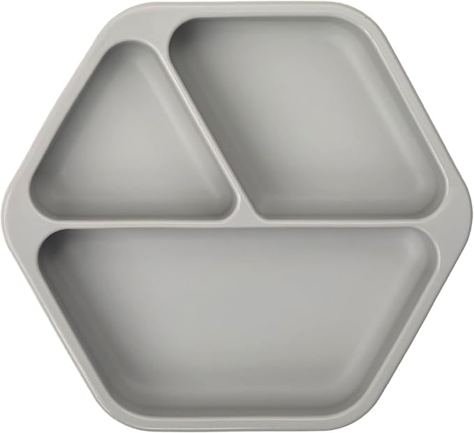 Tiny Twinkle Silicone Suction Baby Plate, Suction Grip Divided Dish for First Foods and Self-Feeding Toddlers, Baby Led Weaning Supplies for Independent Eating (Grey Plate)