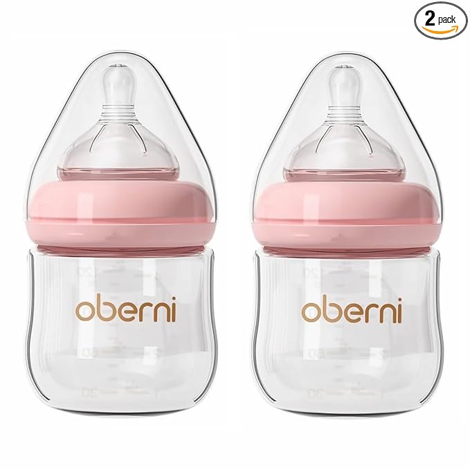Oberni Glass Baby Bottles,Anti Colic Breastfeeding Bottle with Natural Response Nipple Size S,Wide Neck Slow Flow Baby Bottle for Baby,Newborn,Preemie 0-3 0-6 Month,BPA Free (Pink, 2 Pack, 4 Ounce)
