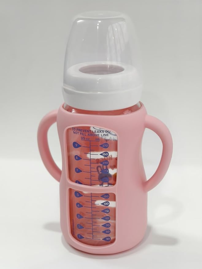 3 Pack Silicone Sleeves Compatible with Dr Brown Wide-Neck Glass Baby Bottles 9 OZ, 100% Silicone Handles for Sippy Cups for Toddlers 1-3,Anti Breakage (Pink, 9 OZ)