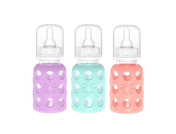 Lifefactory Glass Baby Bottle BPA Free | Protective Silicone Sleeve | 4 oz Pack of 3 | Lavender, Mint, Cantaloupe